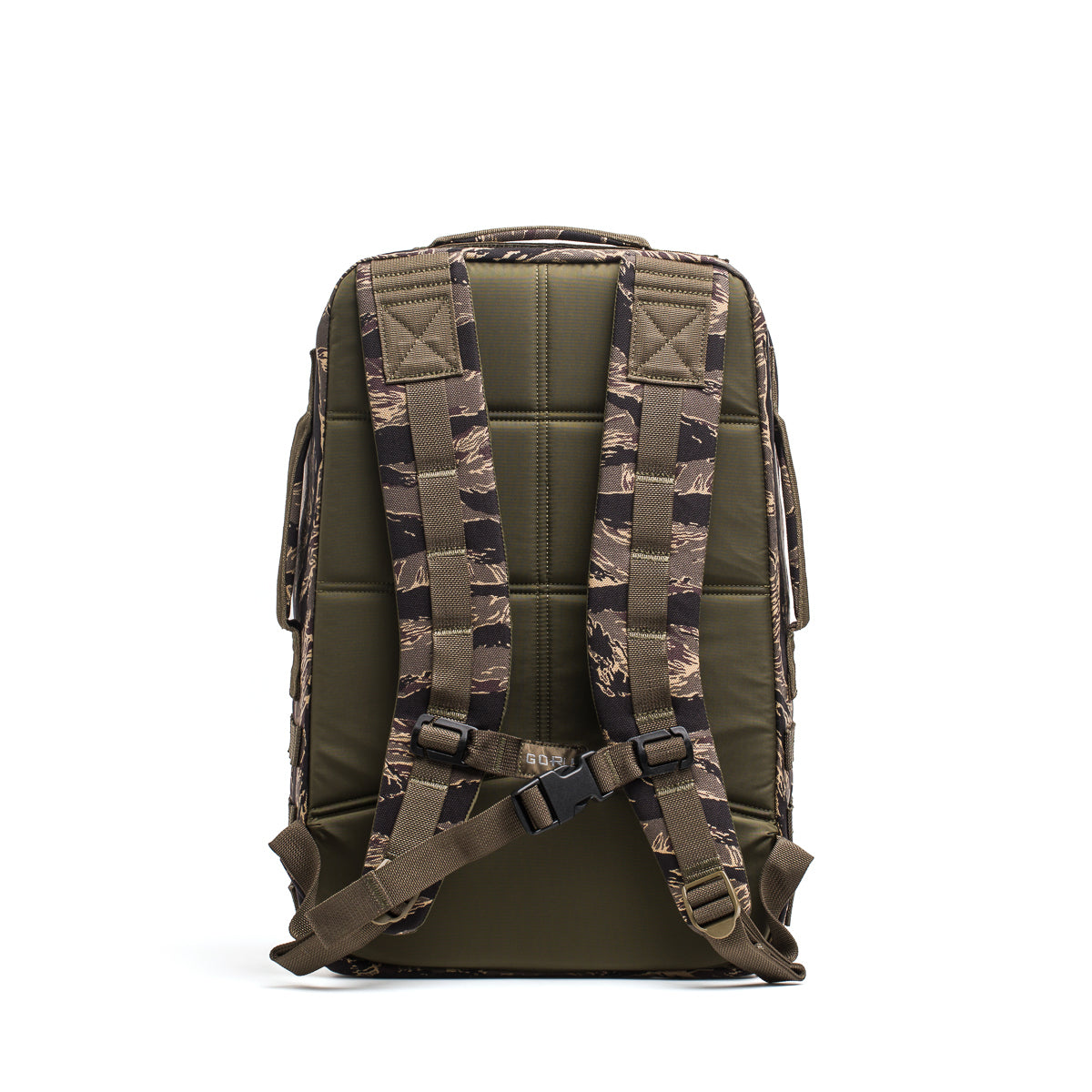 The Rucker 4.0, shown from the back, features green fabric, camouflage-padded shoulder straps, and a chest buckle—ideal for rucking or daily adventures.