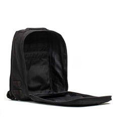GORUCK black ballistic nylon rucksack open to show spacious main compartment and inner pockets