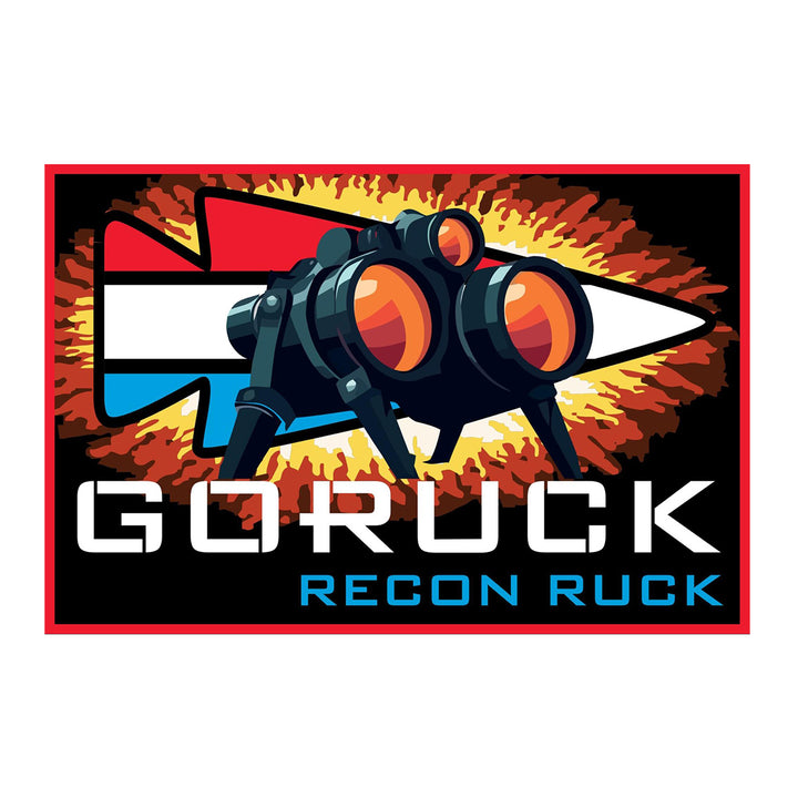 The Patch - Recon Ruck features stylized night vision goggles over a red, white, and blue arrow with "GORUCK RECON RUCK" below—an ideal accessory for any Ruck Club member passionate about the Recon Ruck adventure.