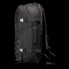 Black GORUCK Robic 45L backpack with durable straps and buckles on black background