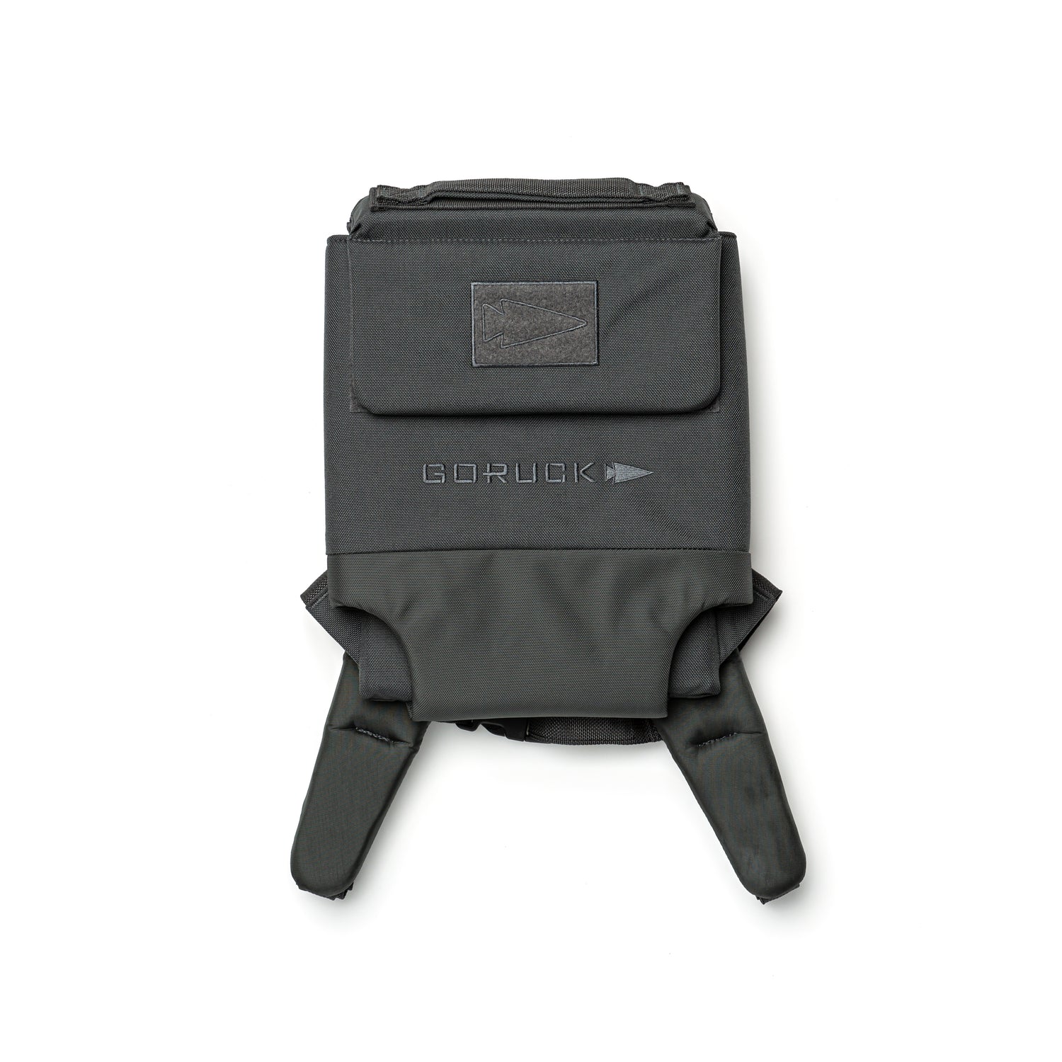 A folded black RPC 3.0 + 10lb Ruck Sandplate backpack, featuring shoulder straps and a front pocket for weighted training or use as a Ruck Plate Carrier, displayed on a white background.