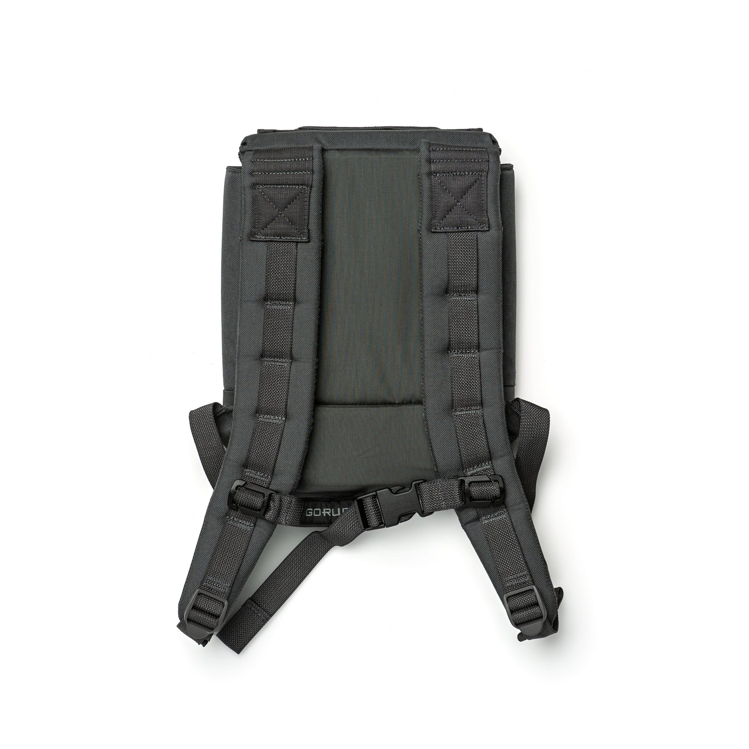Black backpack straps and a padded back panel of the RPC 3.0 + 10lb Ruck Sandplate, designed for plate carrier use, viewed from above on a white background.