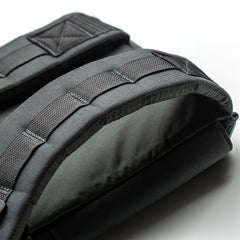 Close-up of black padded backpack straps with visible stitching on a light background, designed for use with the RPC 3.0 + 10lb Ruck Sandplate in weighted training.