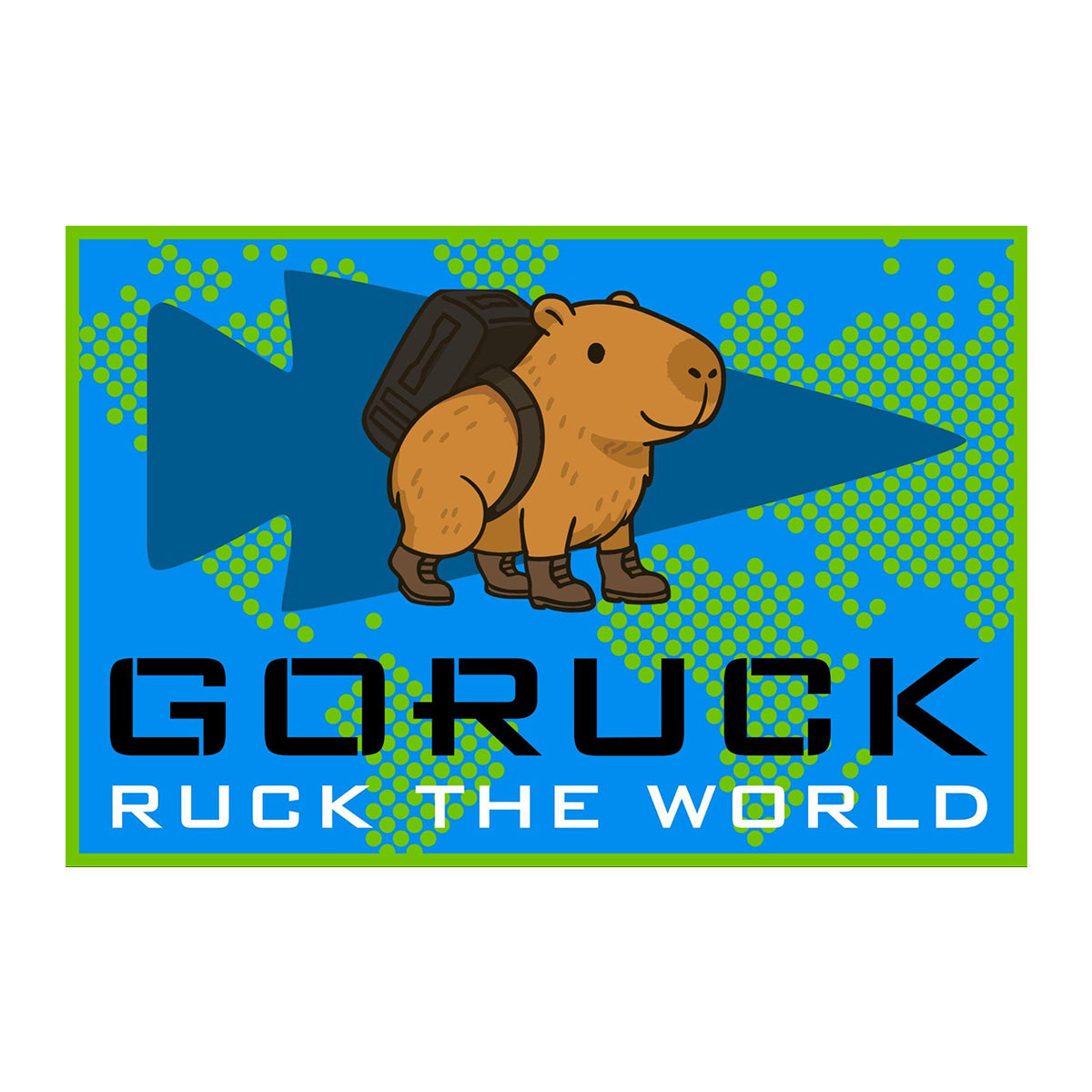 Celebrate Ruck The World Day with the Patch - Ruck the World, featuring a cartoon capybara with a backpack over a blue map. Text reads 