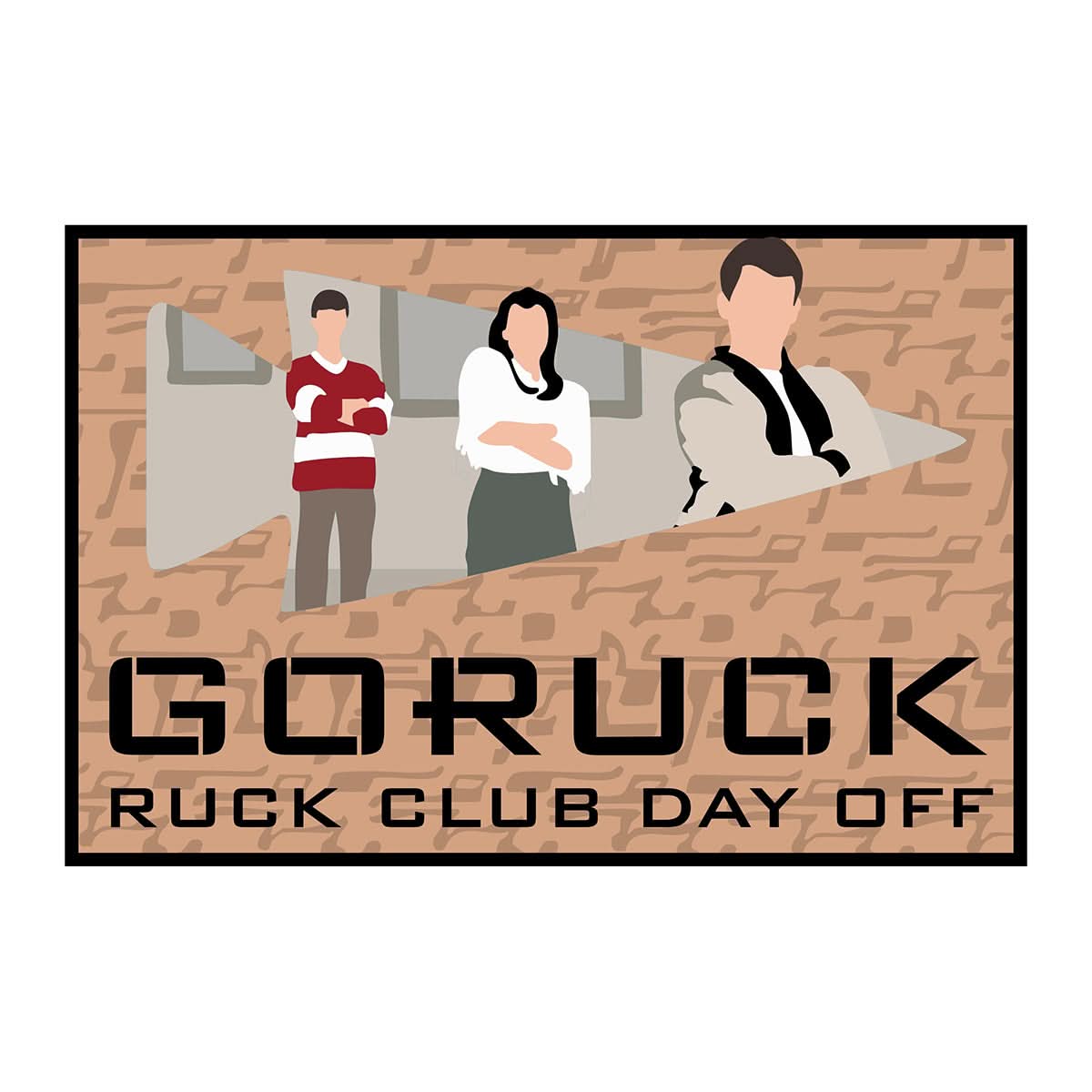 Three stylized people with “Patch - Ruck Club Day Off Ruck” text on a brown patterned background, inspired by the carefree spirit of a Ferris Bueller day off tour.