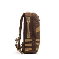 Side view of the Rucker 4.0, a brown and tan rucking backpack featuring padded straps, multiple horizontal webbing loops, and a design compatible with ruck plates.