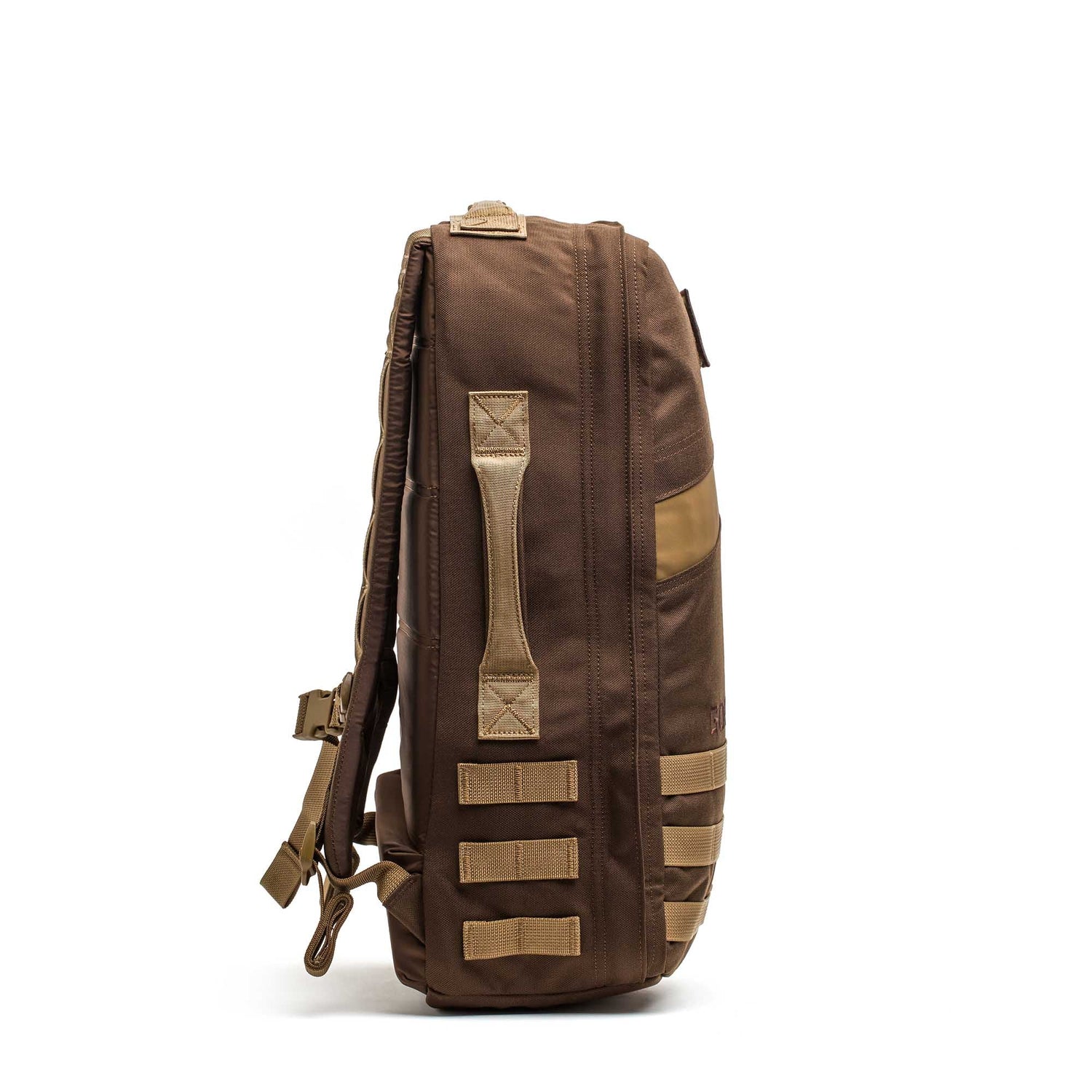 Side view of the Rucker 4.0, a brown rucking backpack with beige straps and multiple loops for versatile use, shown on a white background.