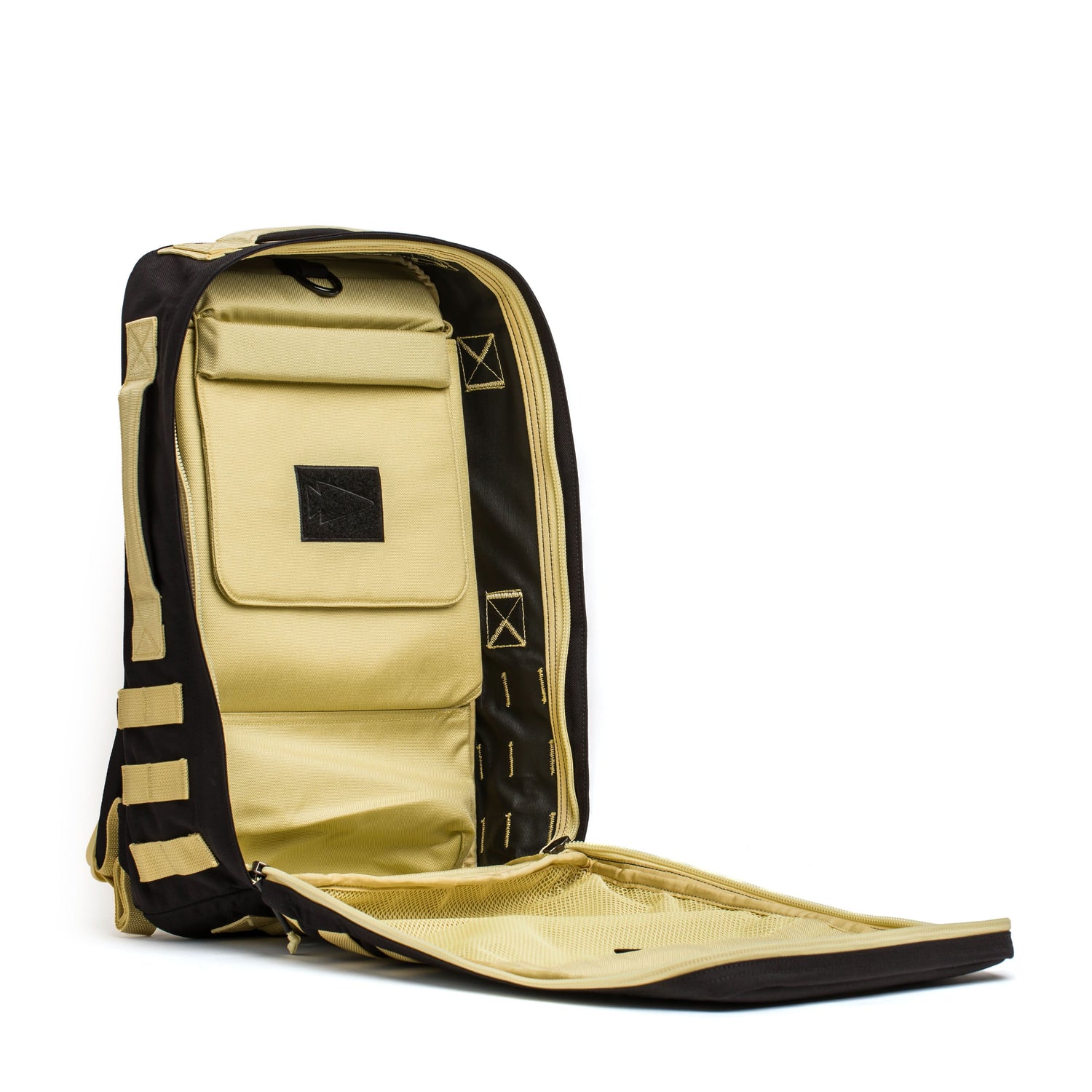 Open beige GORUCK Rucker 4.0 backpack with multiple compartments and zippers on a white background, perfect for rucking adventures.