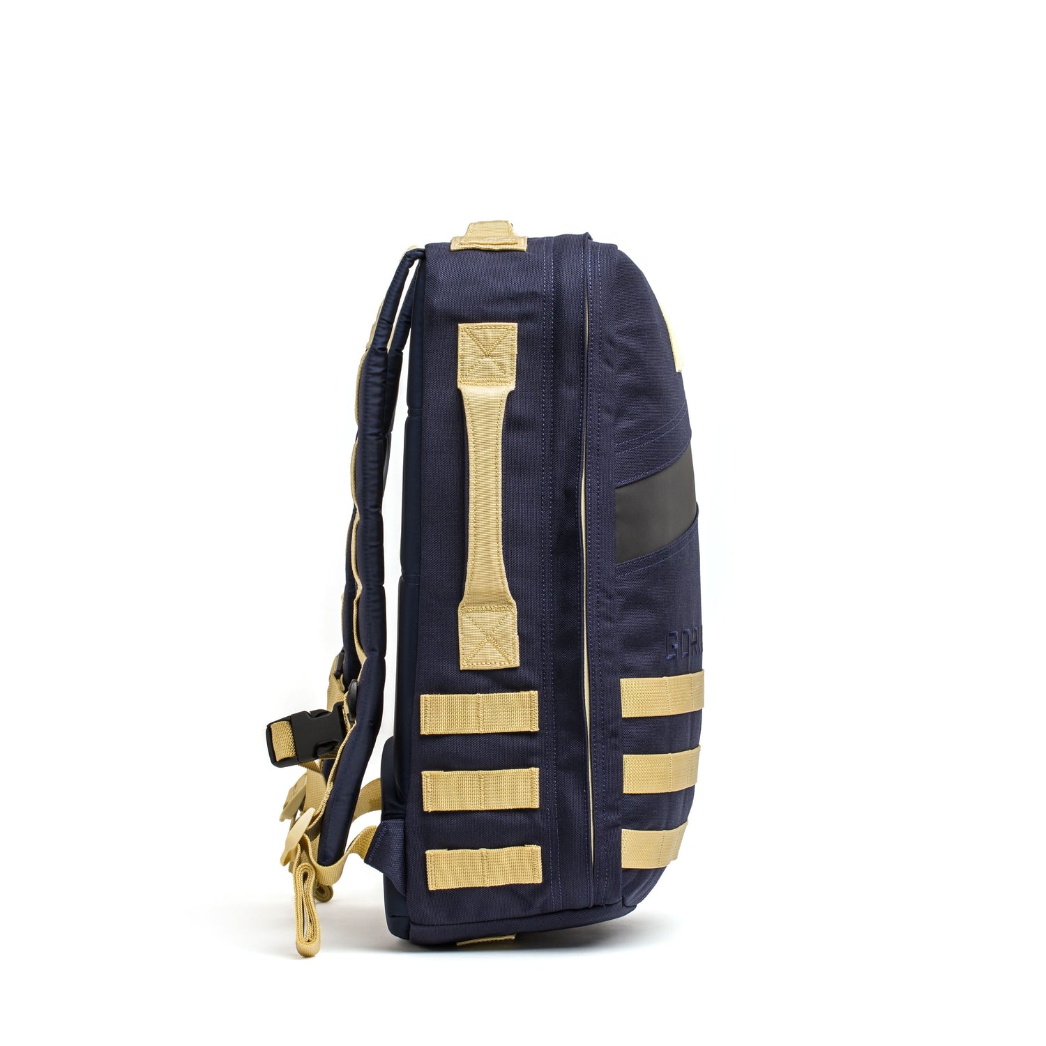 Side view of a navy blue Rucker 4.0 backpack by GORUCK, featuring beige straps and accents, ideal for rucking enthusiasts.