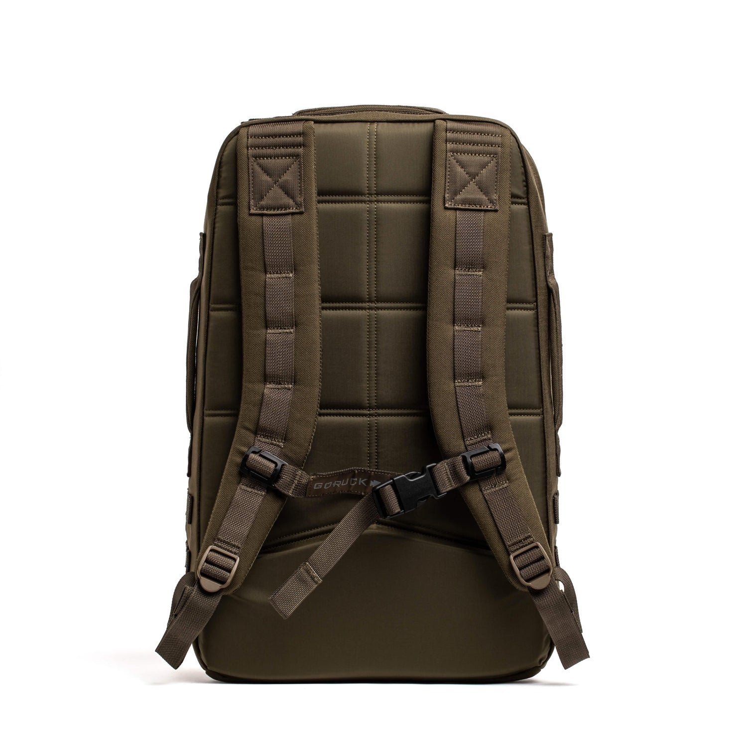 GORUCK Ranger Green backpack with orange interior, padded straps, and sternum strap