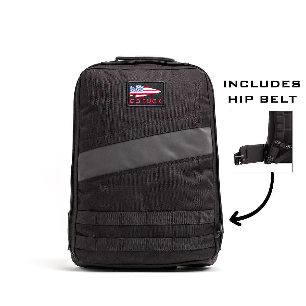 Black Rucker 4.0 backpack with USA flag patch, reflective stripe, and included hip belt—ideal for rucking with your favorite Ruck Plates.