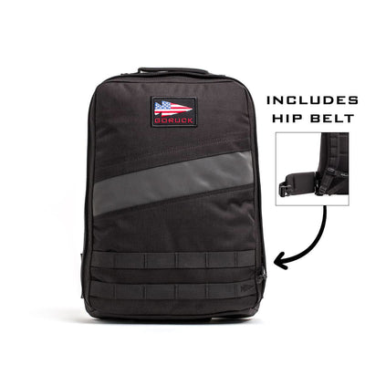 Black Rucker 4.0 backpack with USA flag patch, reflective stripe, and included hip belt—ideal for rucking with your favorite Ruck Plates.