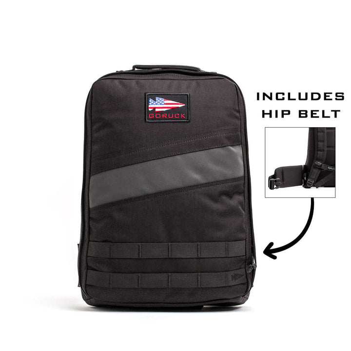 Black Rucker 4.0 backpack with USA flag patch, reflective stripe, and included hip belt—ideal for rucking with your favorite Ruck Plates.