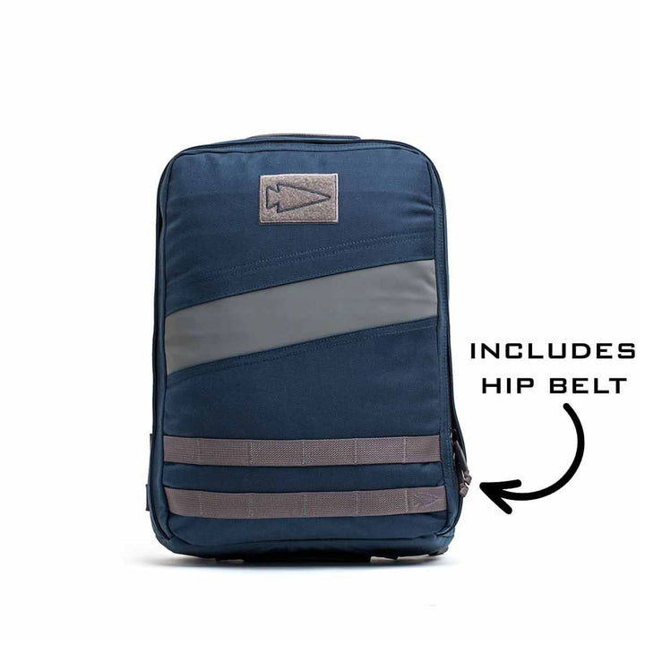Navy blue Rucker 4.0 rucksack with gray accents and a patch, featuring "INCLUDES HIP BELT" text and an arrow.