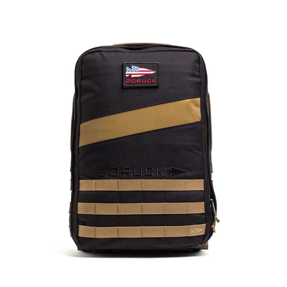 The Rucker 4.0 is a black and tan backpack featuring an American flag patch and 