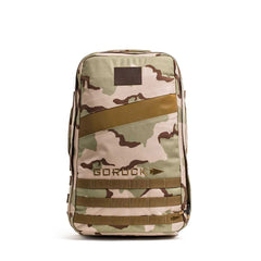 The Rucker 4.0 is a camo-patterned backpack featuring "GORUCK" text and a front patch, designed for rucking with Ruck Plates, displayed against a white background.
