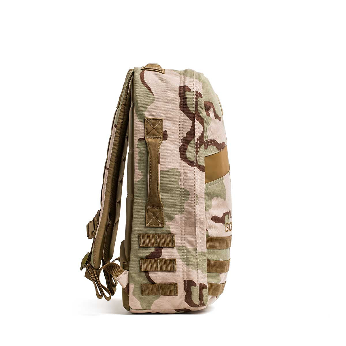 Side view of the Rucker 4.0 in tan and brown camouflage, featuring padded shoulder straps and MOLLE webbing—ideal for rucking adventures.