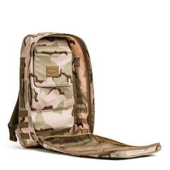 The Rucker 4.0 in camouflage is shown open on a white background, displaying its front pocket and main compartment.