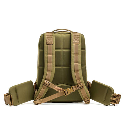 The Rucker 4.0 is an olive green backpack shown from the back with padded straps and a waist belt, ideal for carrying ruck plates, set against a white background.