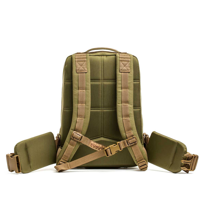 The Rucker 4.0 is an olive green backpack shown from the back with padded straps and a waist belt, ideal for carrying ruck plates, set against a white background.