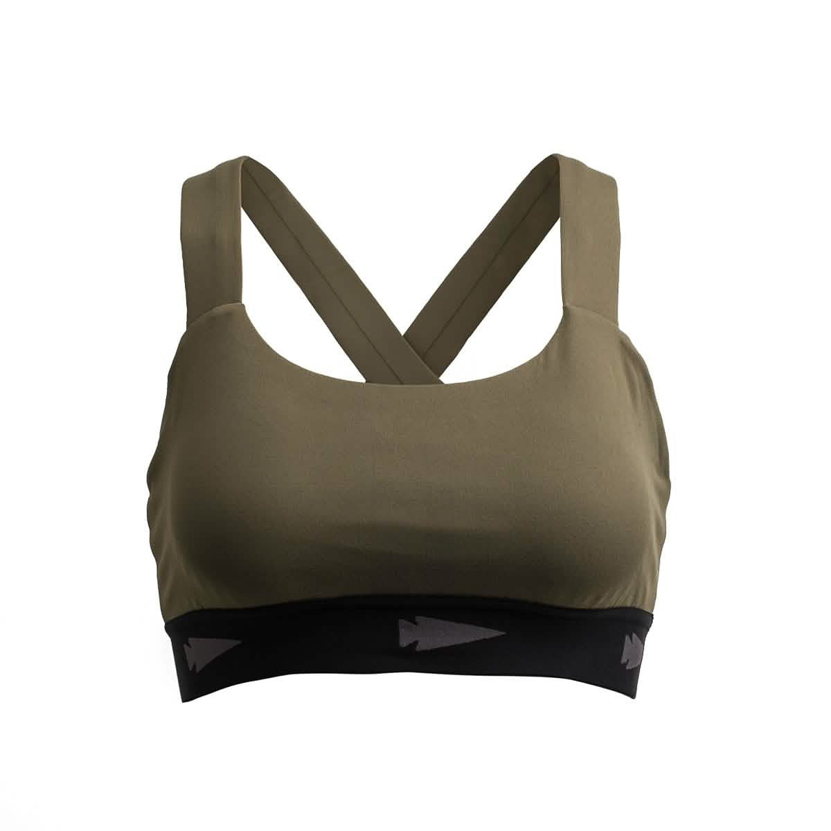 The Power Bra - Toughflex is an olive green sports bra crafted for high-impact movements, featuring crisscross back straps and a black band with arrow patterns. Made from ToughStretch Fabric, it offers durability and comfort during intense workouts.