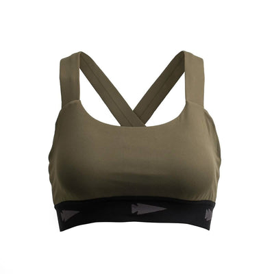 The Power Bra - Toughflex is an olive green sports bra crafted for high-impact movements, featuring crisscross back straps and a black band with arrow patterns. Made from ToughStretch Fabric, it offers durability and comfort during intense workouts.