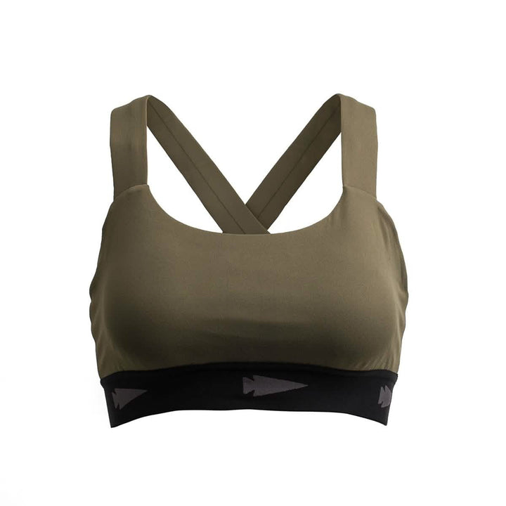 The Power Bra - Toughflex is an olive green sports bra crafted for high-impact movements, featuring crisscross back straps and a black band with arrow patterns. Made from ToughStretch Fabric, it offers durability and comfort during intense workouts.
