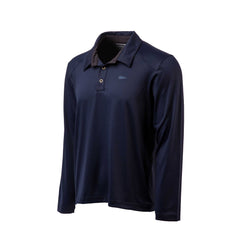 Men's Long Sleeve Rucking Polo in navy blue Merino wool, featuring buttons and a small chest logo, shown on a white background.