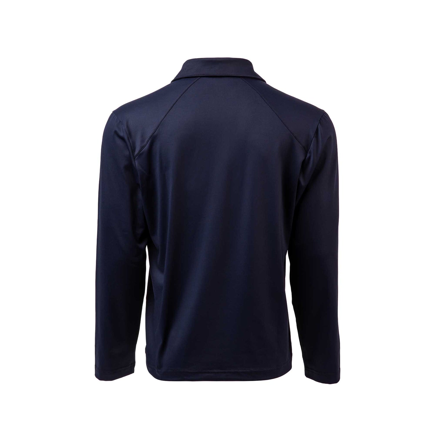 Men's Long Sleeve Rucking Polo in navy blue Merino wool, featuring a collared design, shown from the back against a white background.