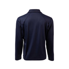 Men's Long Sleeve Rucking Polo in navy blue Merino wool, featuring a collared design, shown from the back against a white background.