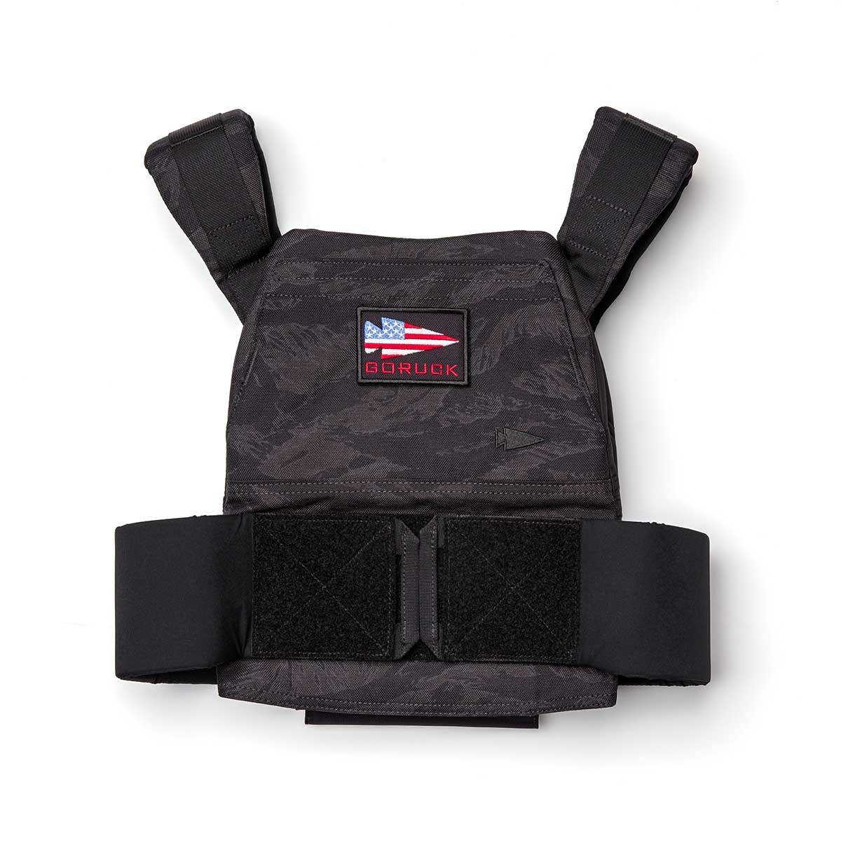 GORUCK black tiger stripe rucking weight vest with American flag patch on white background
