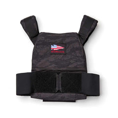 GORUCK black tiger stripe rucking weight vest with American flag patch on white background