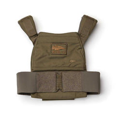 The Rucking Weight Vest in olive green features a Velcro patch, adjustable shoulder straps, and Curved Ruck Plate compatibility, designed for rucking and shown laid flat on a white background.