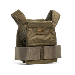 The Rucking Weight Vest in olive green features adjustable shoulder straps, a Velcro waist closure, and a logo patch. Compatible with Curved Ruck Plates, it's ideal for rucking and versatile training sessions.