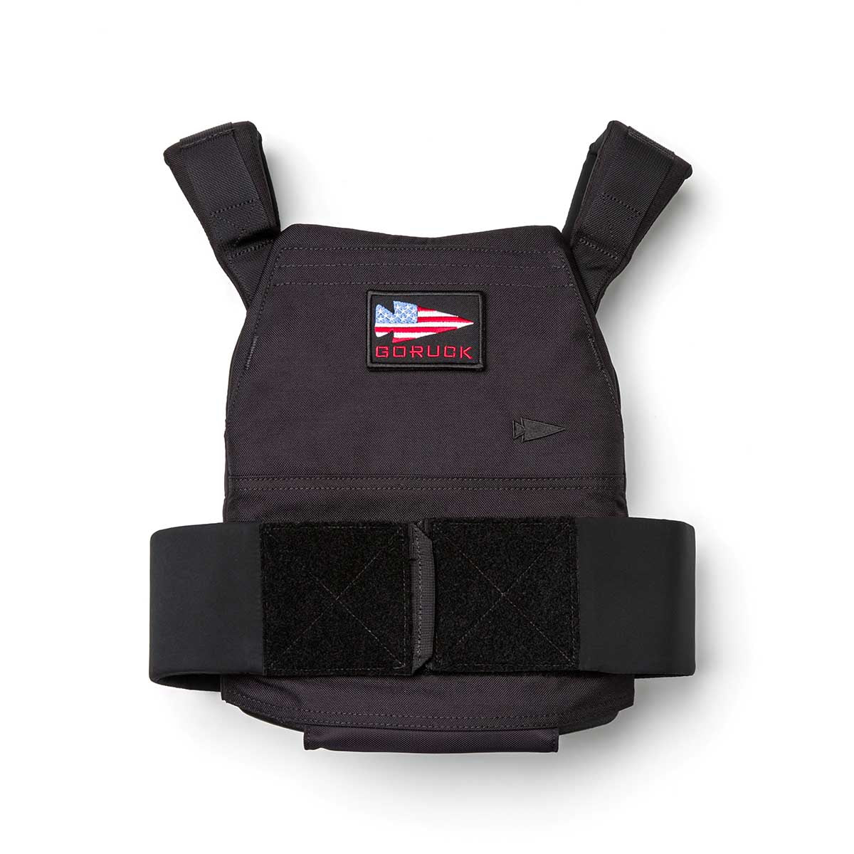 The Rucking Weight Vest features Velcro straps, a patch with a U.S. flag and 