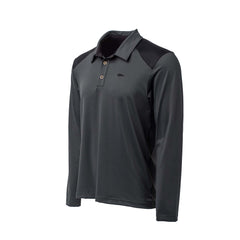 Men's Long Sleeve Rucking Polo in dark gray features a collar, button placket, black shoulder accents, and is made from durable EnduraKnit fabric.