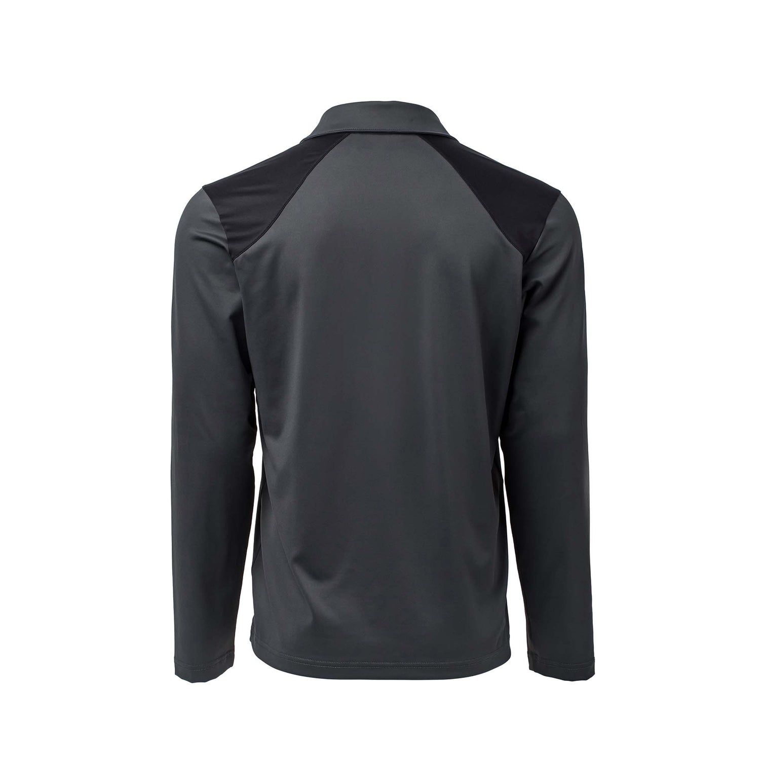 Back view of the Men's Long Sleeve Rucking Polo in dark gray with black shoulder panels, made from EnduraKnit fabric and shown on a white background.