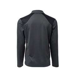 Back view of the Men's Long Sleeve Rucking Polo in dark gray with black shoulder panels, made from EnduraKnit fabric and shown on a white background.