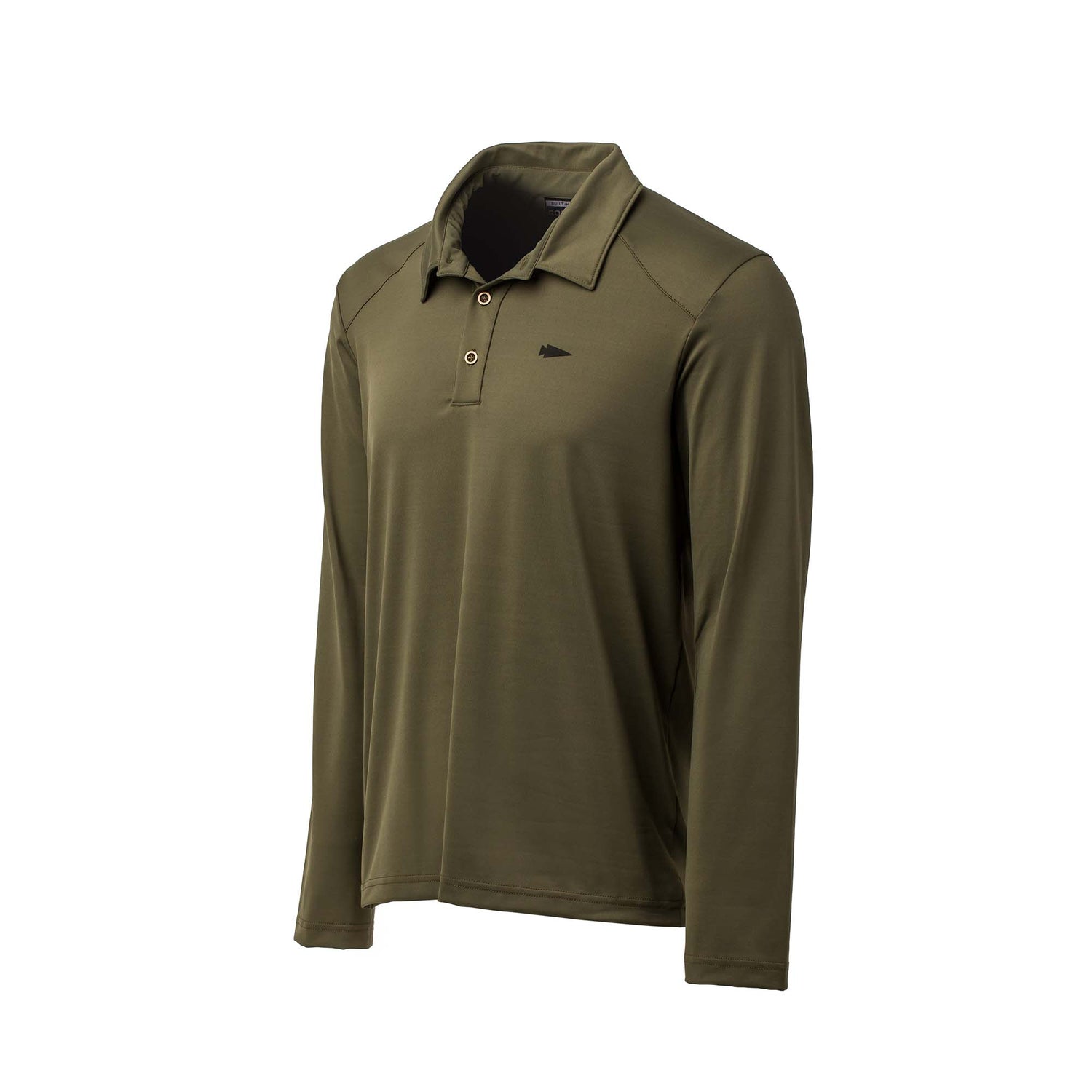 The Men's Long Sleeve Rucking Polo features an olive green color, buttoned front, small left chest logo, and is made with durable EnduraKnit fabric for lasting comfort.