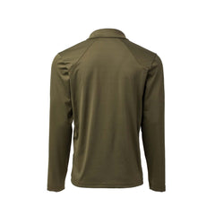 Men's Long Sleeve Rucking Polo in olive green shown from the back, with a collar and EnduraKnit fabric. No visible logos or patterns. Made in the USA.
