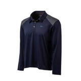 The Men's Long Sleeve Rucking Polo in blue is made from durable EnduraKnit fabric, offering comfort as a versatile midweight layer.