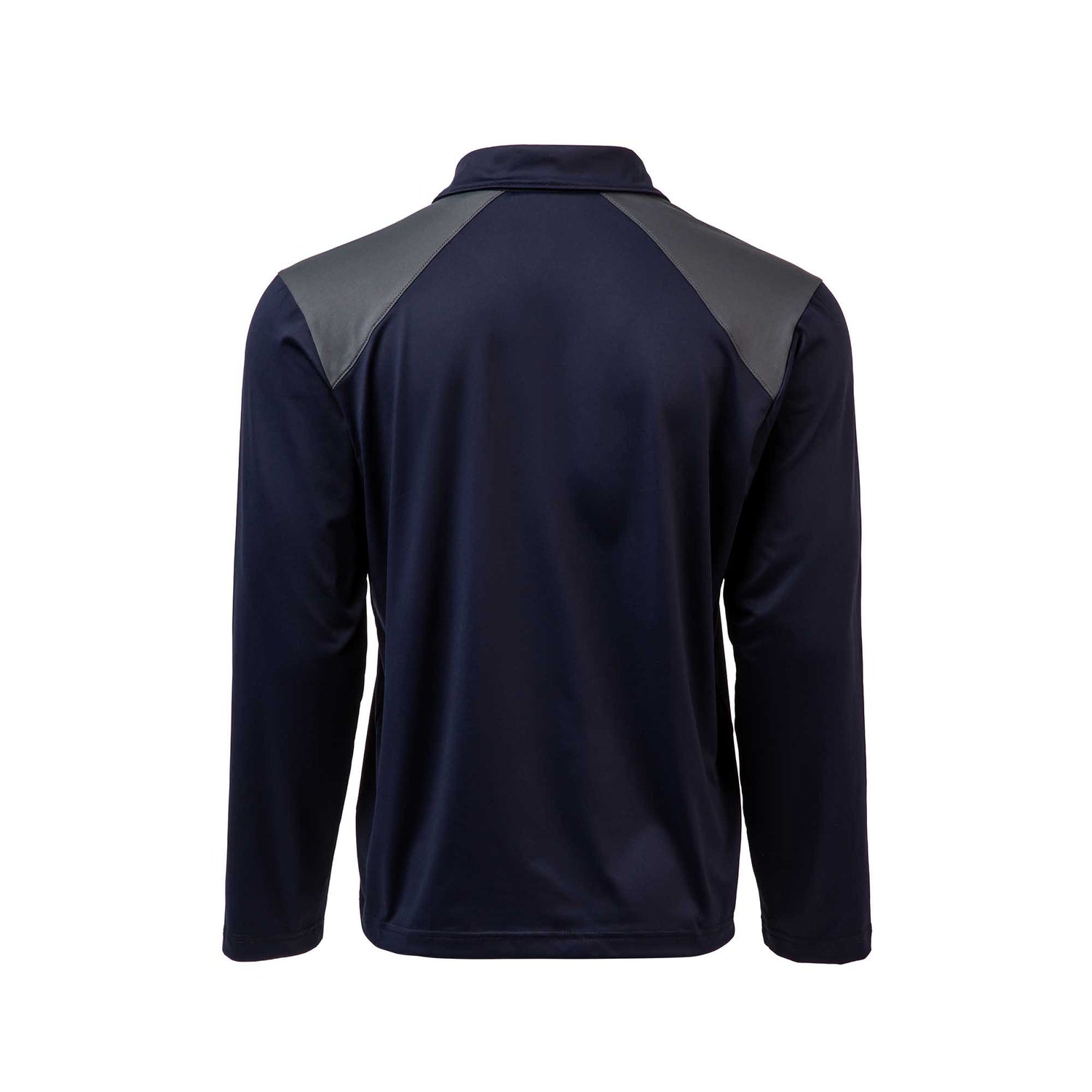 Men's Long Sleeve Rucking Polo in navy, featuring dark gray shoulder panels and made from durable EnduraKnit fabric, shown from the back.