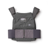 GORUCK grey rucking weight vest armor with Velcro straps, front view on white background