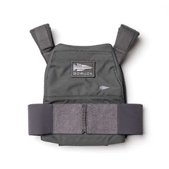 The Rucking Weight Vest is a gray tactical vest with shoulder straps and a front GORUCK patch, designed for rucking. It features space for Curved Ruck Plates and is shown on a white background.