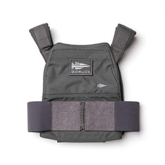 GORUCK grey rucking weight vest armor with Velcro straps, front view on white background