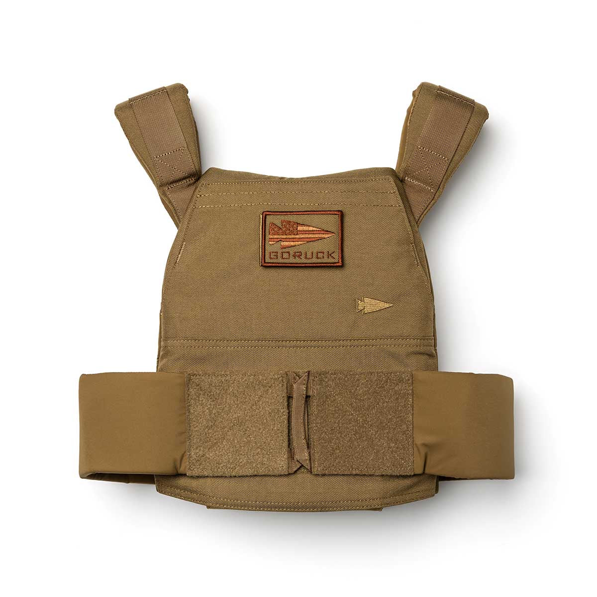 The Rucking Weight Vest in tan features padded straps, is designed for rucking, and includes a GORUCK patch on the chest.