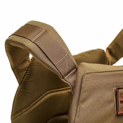 Close-up of GORUCK coyote brown rucking weight vest shoulder strap and stitching detail