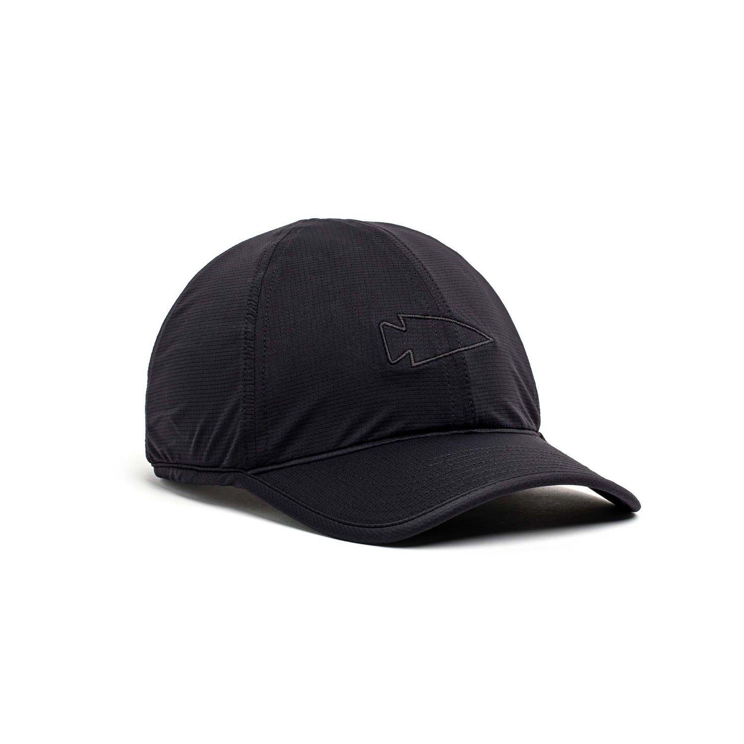 Performance Running Hat - ToughMesh in black, made from premium Italian fabric with a subtle arrowhead logo on the front, shown on a white background.