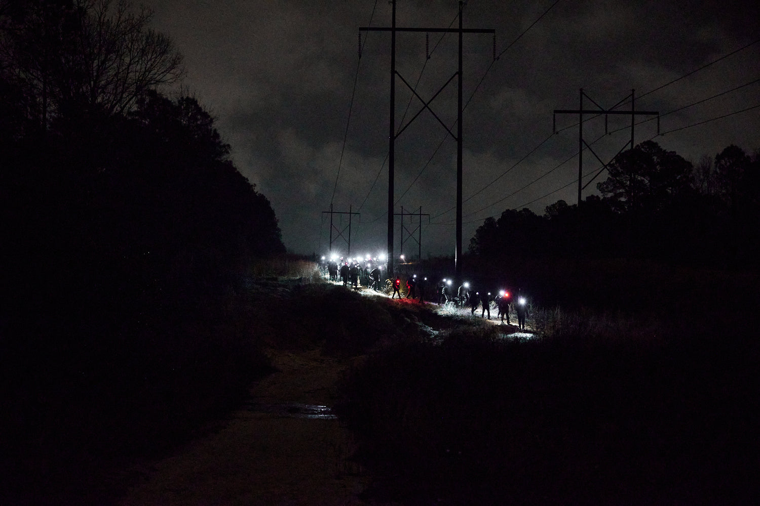 A group of people with headlamps walk at night under power lines through a dark, wooded area.