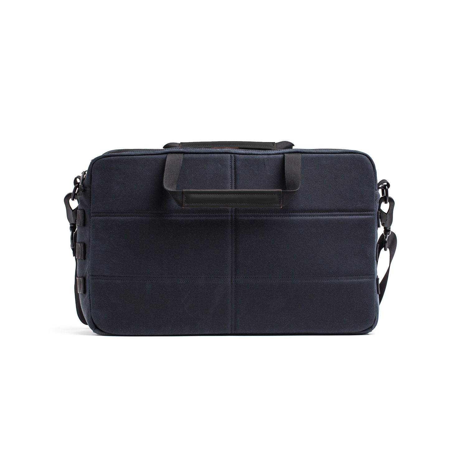 Navy blue rectangular Shoulder Bag - Waxed Canvas with black handles and a detachable strap, designed for asymmetrical carries, shown from the front.
